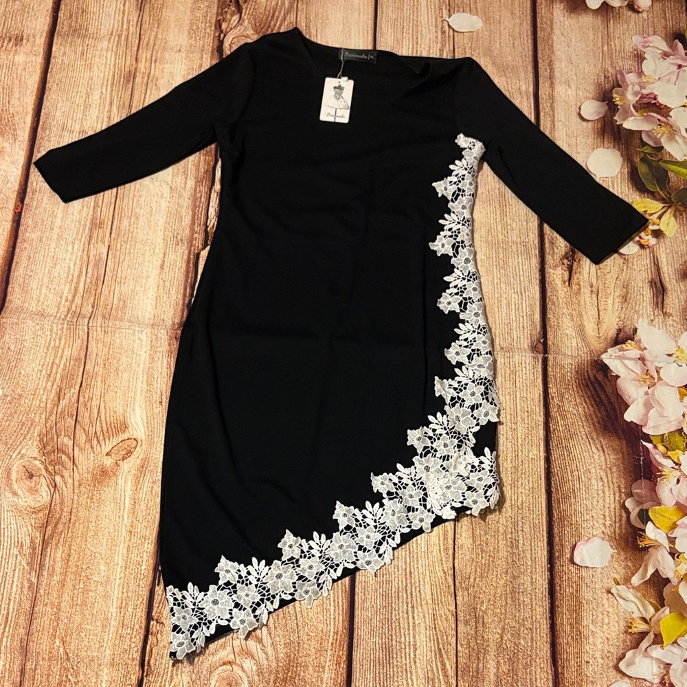 Elegant Black Asymmetrical Dress with White Lace